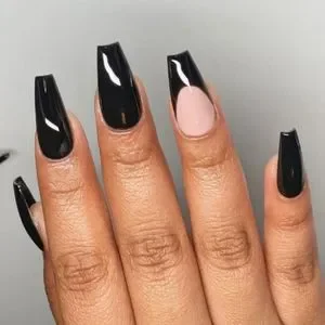 Invogue Black French Tip Coffin Nails – 24 Stück, Mit Nagelkleber, Schwarze French-Maniküre